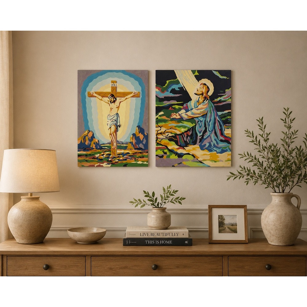 1950s Paint By Number Jesus Garden Gethsmane & Cross  Set of 2